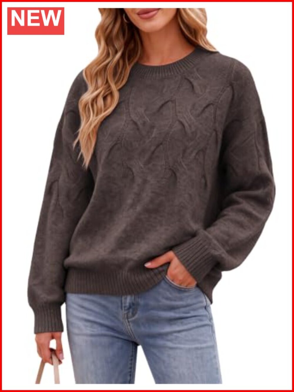 Womens Oversized Crewneck Ribbed Cable Knit Pullover Sweater